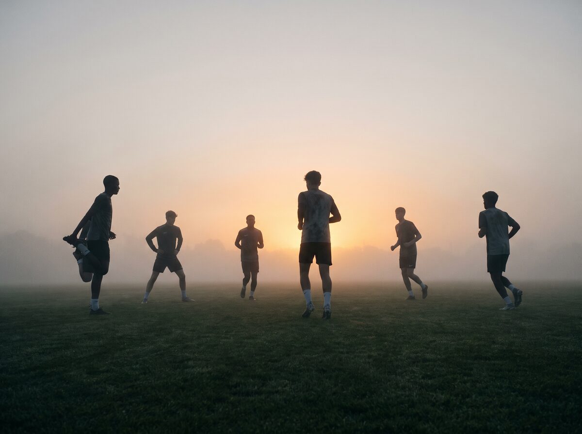Aurelius academy players training on a misty morning pitch