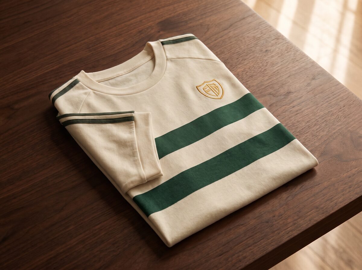 The 2026/27 Aurelius FC home kit folded on dark wood